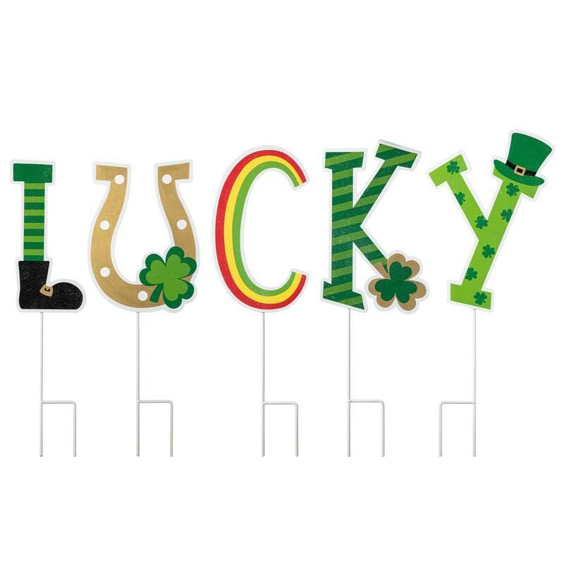 Glitzhome St. Patrick's Metal LUCKY Leprechaun Yard Stakes or Wall Sign