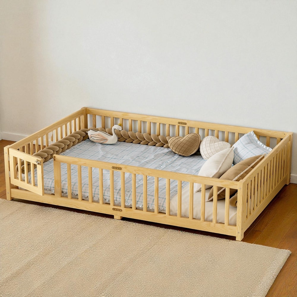 Twin/Full/Queen Size Wood Floor Bed with Door and Guardrails for Kids, Montessori Bed with Removable Slats