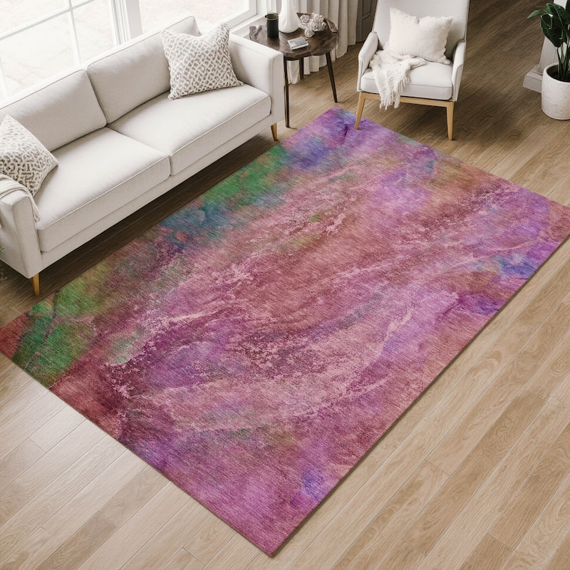 Machine Washable Indoor/ Outdoor Abstract Watercolor Chantille Rug