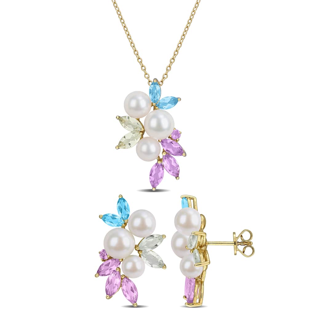 Miadora Cultured Freshwater Pearl 6.7ct TGW Multi-Gem Earrings Necklace Set Yellow Silver