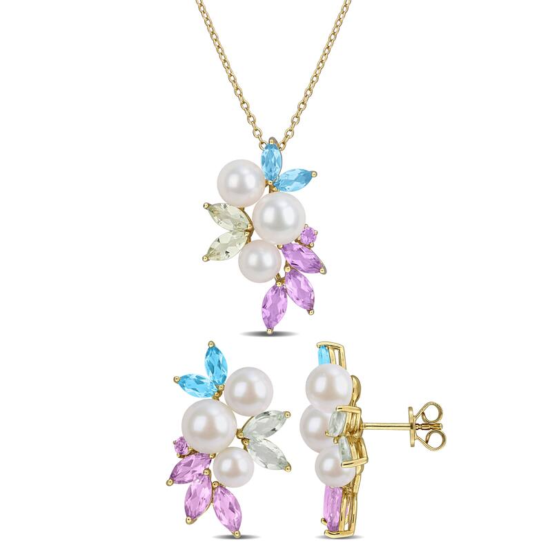 Miadora Cultured Freshwater Pearl 6.7ct TGW Multi-Gem Earrings Necklace Set Yellow Silver