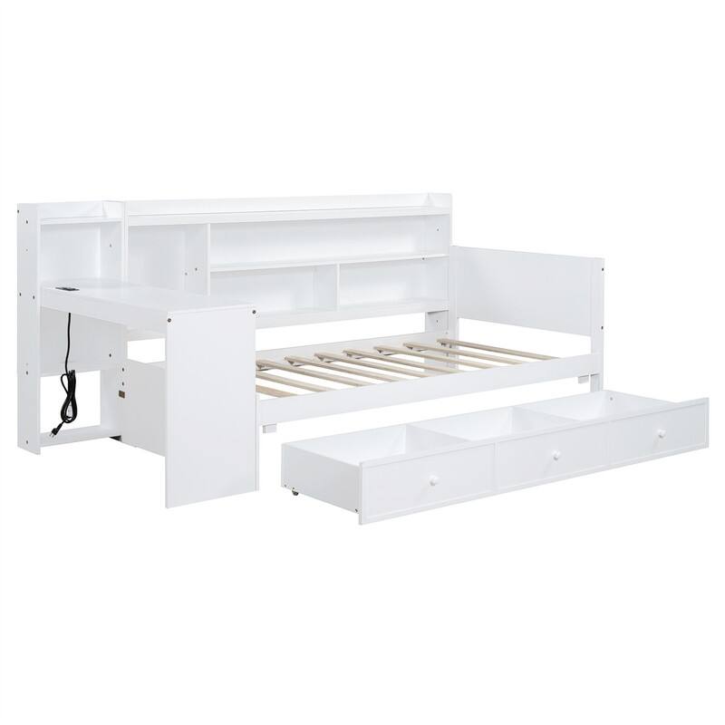 Twin/Full Daybed with 3 Storage Drawers and Bedside Desk, Wooden Day Bedframe Sofa Bed with Storage Shelves and USB Ports