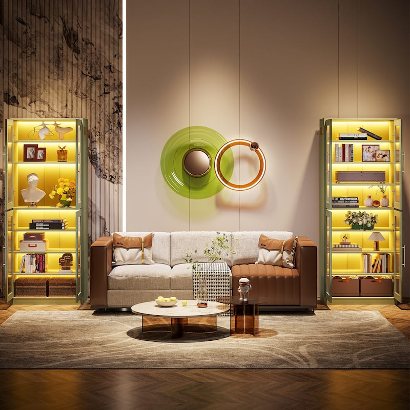 8-tier Modern Tall Bookcase Bookshelf with Doors and LED Light
