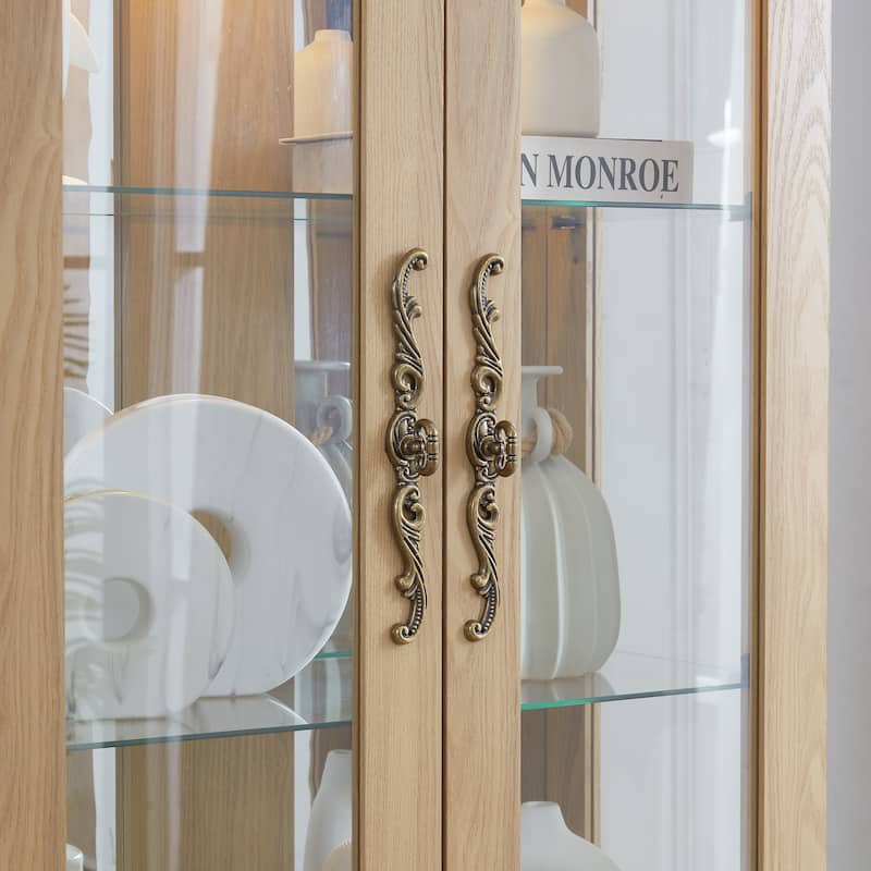 Lighted Glass Curio Display Cabinet,Glass Storage Cabinet Wood Frame Toy Display, Pantry light bulb included