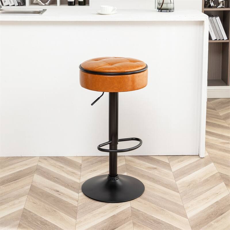 Round Storage Bar Stool Set of 2,Height Adjustable with Metal Frame