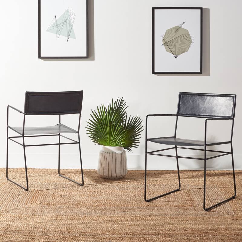 SAFAVIEH Bernardine Leather Dining Chair (Set of 2) - 21.7" W x 19.7" L x 31.9" H - 22Wx20Dx32H - Black
