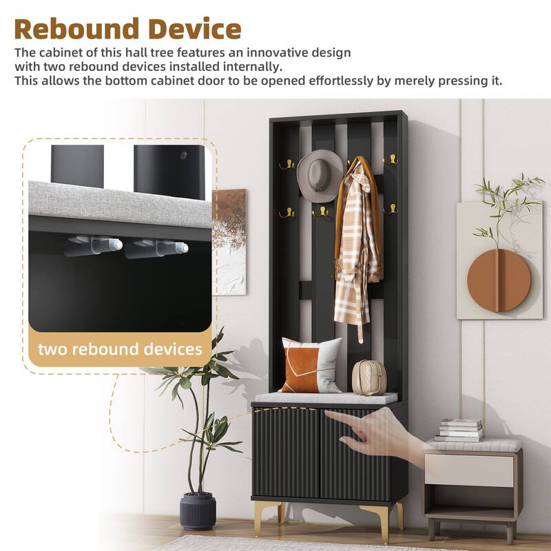Modern Hall Tree, Wood Coat Rack with 8 Gold Hooks and Legs, Entryway Upholstered Bench with Adjustable Shelves & Doors