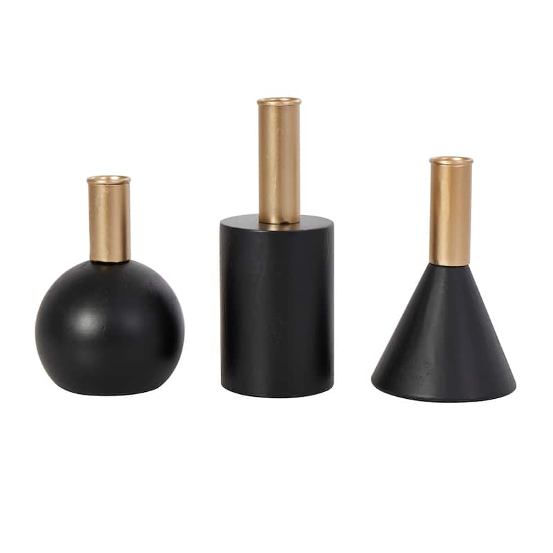 Wood Geometric Candle Holder with Varying Shapes and Gold Accents - Set of 3 Black - Roche River Decor - 3"W x 3"L x 7"H