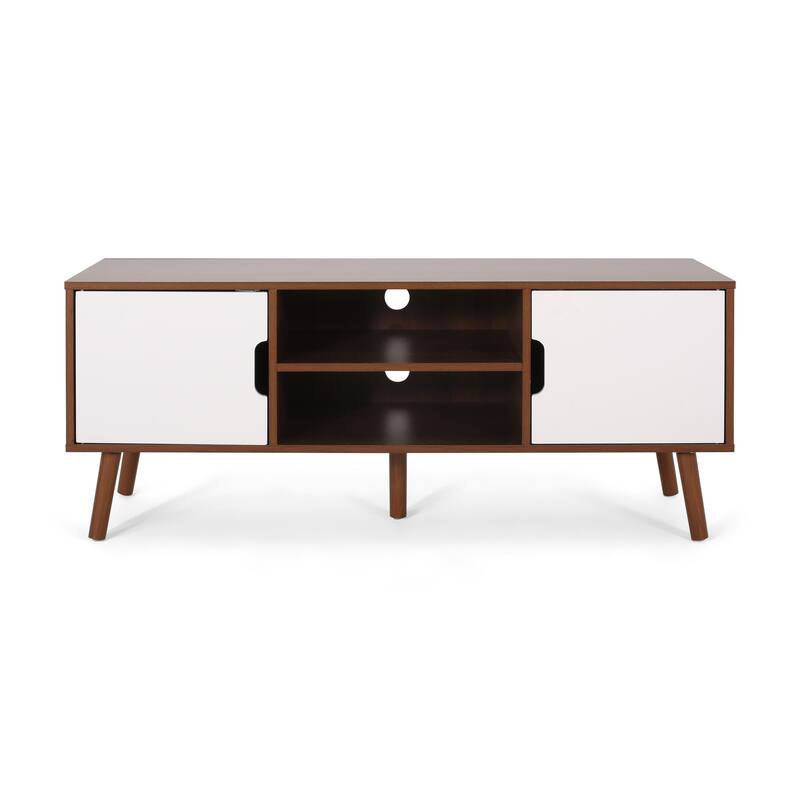 White+Walnut 47.25" TV Stand with Iconic Splayed Legs & 3 Staggered Drawers for TVs Up to 40"