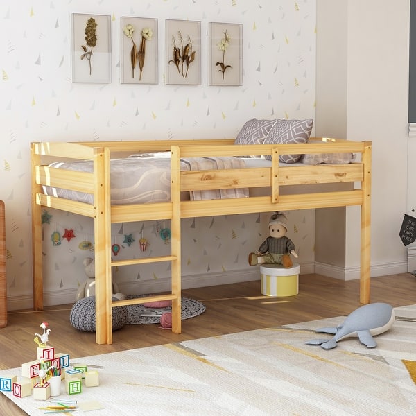 slide 2 of 7, Walnut Twin Size Wood Low Loft Bed with Ladder and Fence Walnut