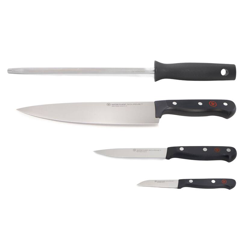 Wusthof Gourmet 4-Piece Chef's Knife Set, Black - Includes 8" Chef's Knife, 2.75" Paring Knife, 4.5" Utility Knife, Honing Steel - Black