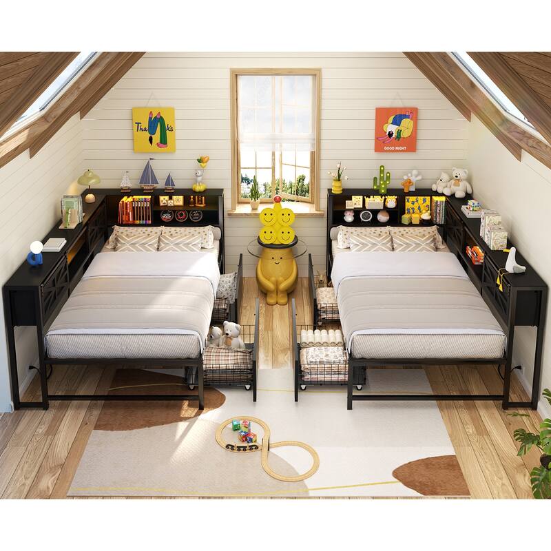 Corner Daybed with Drawers and Bookcase, Twin Bed Frame with LED Light and Charging Station