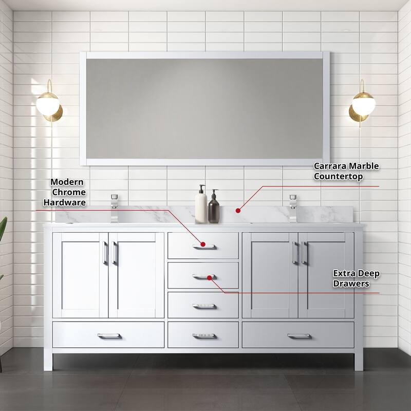 Jacques 72 in. W x 22 in. D Distressed Grey Double Bath Vanity, Carrara Marble Top, Faucet Set, and 70 in. Mirror