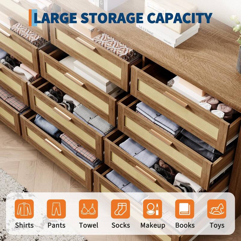 12 Drawer Dresser for Bedroom, Modern Farmhouse Rattan Chest of Drawers with Handles, Wood Dresser for Closet