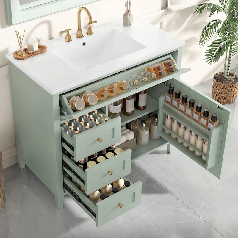 Bathroom Vanity with Sink, Modern MDF and Rubberwood Cabinet with 3 Drawers and Adjustable Shelf - Green - 36-Inch