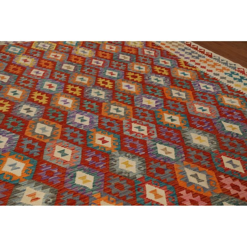 All-Over Geometric Kilim Oriental Area Rug Hand-Woven Wool Carpet - 9'2"x 11'3"