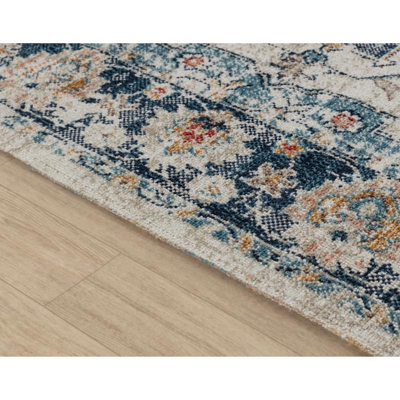 Trellis Cream, navy, beige, rose, blue and red Abstract Indoor/Outdoor Rug