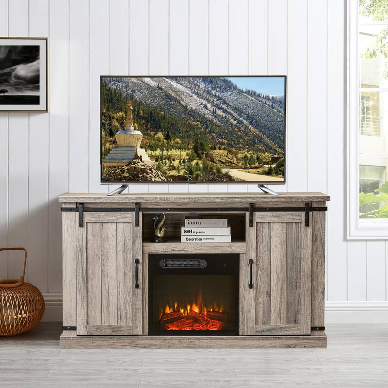54 in. Antique Gray Oak Sliding Doors TV Stand for TVs up to 60 in. with Electric Fireplace