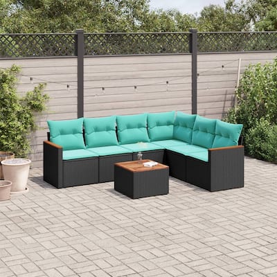vidaXL 7 Piece Patio Sofa Set with Cushions Black Poly Rattan