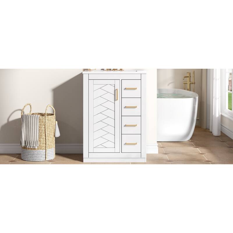 Roomfitters 24 Inch Bathroom Vanity with Integrated Ceramic Sink, Storage Cabinet with 3 Sliding Tiers & Soft Close Door