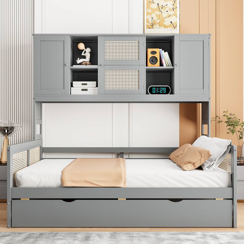 Wood Full Size Daybed with Built-In Storage Cabinet, Shelves & Twin Trundle, Rattan Accent, No Box Spring Needed - Full Gray - Full
