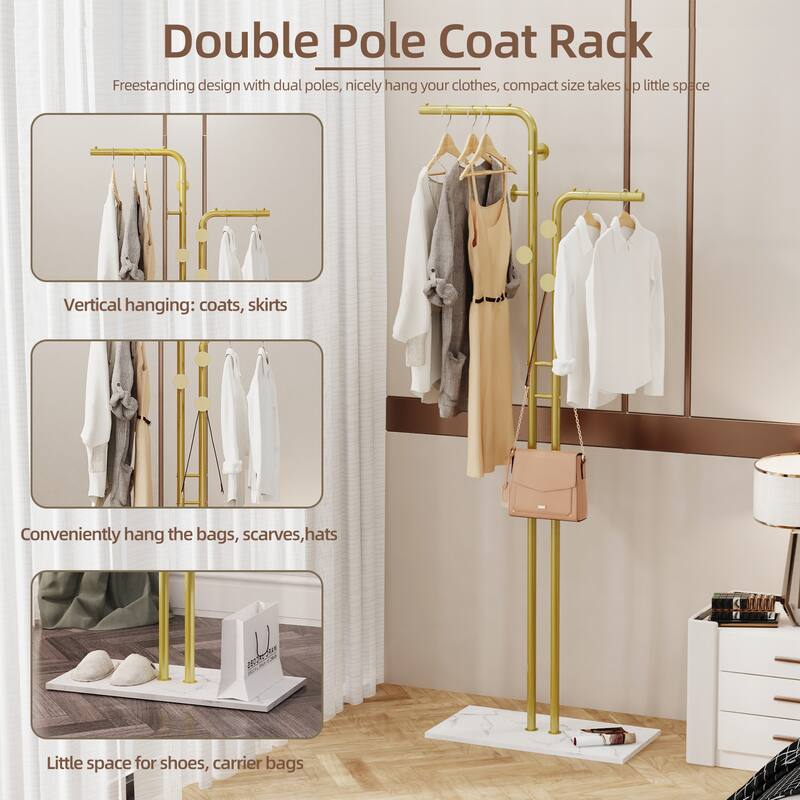 Coat Rack with Marble Base Entryway Coats Hanger Stand with 5 Hooks - 24"x12"x70"