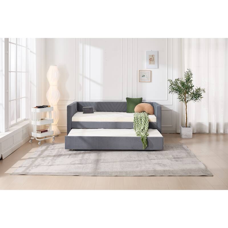 Twin Size Velvet Daybed with Trundle, USB Charging Port & Side Pockets, Modern Upholstered Sofa Bed with V-Pattern Backrest