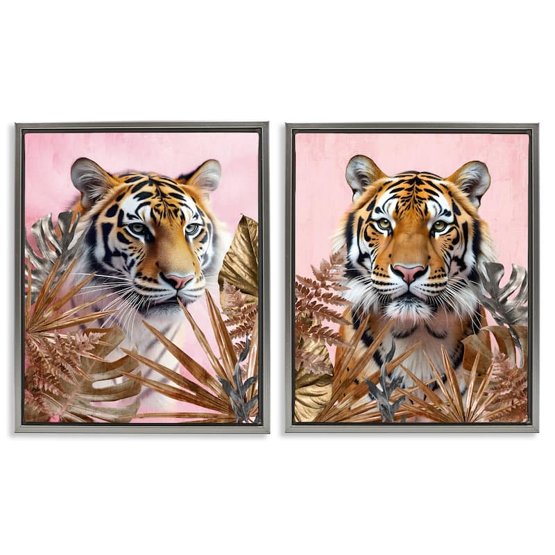 Stupell Fierce Tigers & Gold Leaves Framed Floater Canvas Wall Art Design By Kim Allen (Set of 2) - 25 x 31 - Grey