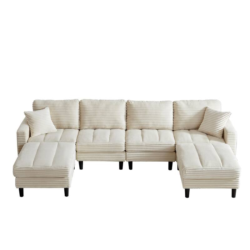 122.5" Corduroy U-Shaped Sectional Sofa with Ottomans & Pillows
