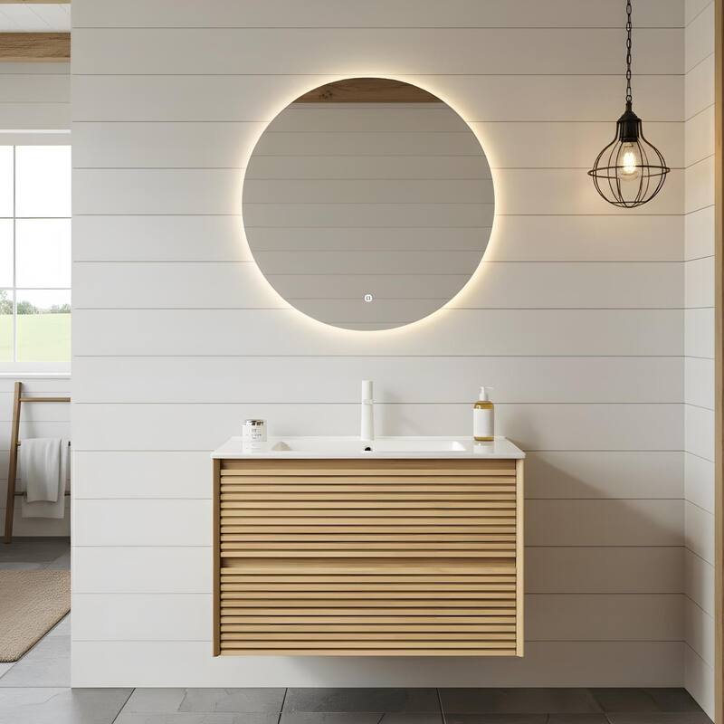 Modern Wall Mounted Bathroom Vanity with Sink - 30 - Golden Oak