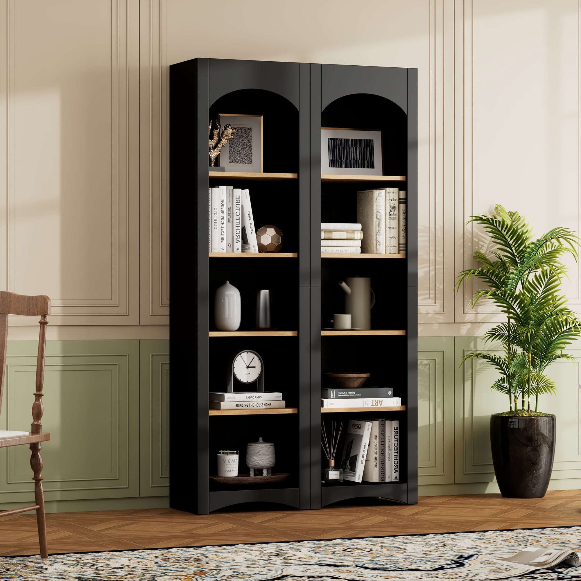 Free Standing 5 Tier Bookshelves, Bookcases Set Of 2,Two-Tone Storage Cabinet With Adjustable Shelves,Kitchen Pantry Cabinet