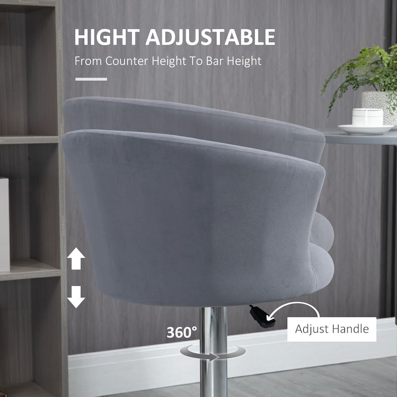HOMCOM Adjustable Bar Stools Set of 2, Velvet Kitchen Stool, Upholstered Counter Height Barstool with Swivel Seat