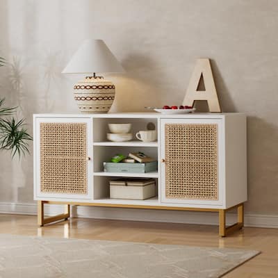 47 Inch Mid Century Modern White TV Stand with Adjustable Shelf, Rattan Sideboard, Entertainment Cabinet, Media Console