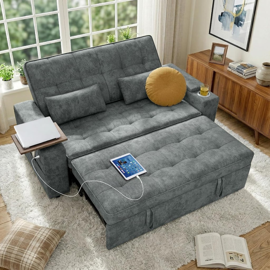 65" Sleeper Sofa Bed, 3 in 1 Pull Out Couch with Chenille Fabric Convertible Loveseat for Living Room and Apartment