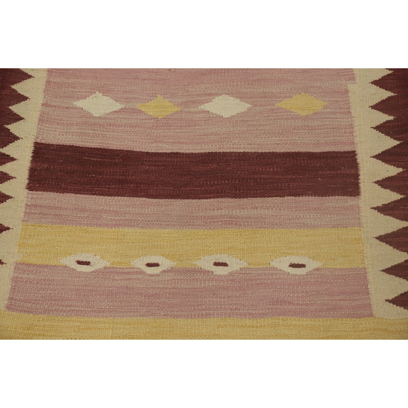 Hand Woven Oriental 100% Wool Carpet Southwestern Tribal Pink Kilim Runner Rug - 9' 8'' X 2' 8''