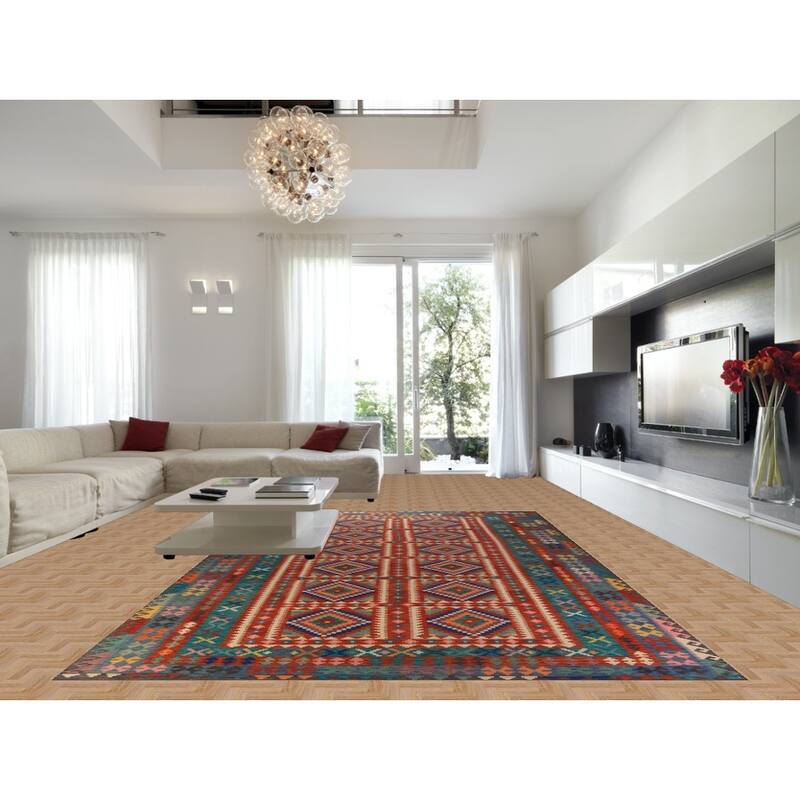 All-Over Geometric Kilim Large Rug Flatweave Oriental Wool Carpet - 9'10"x 16'1"