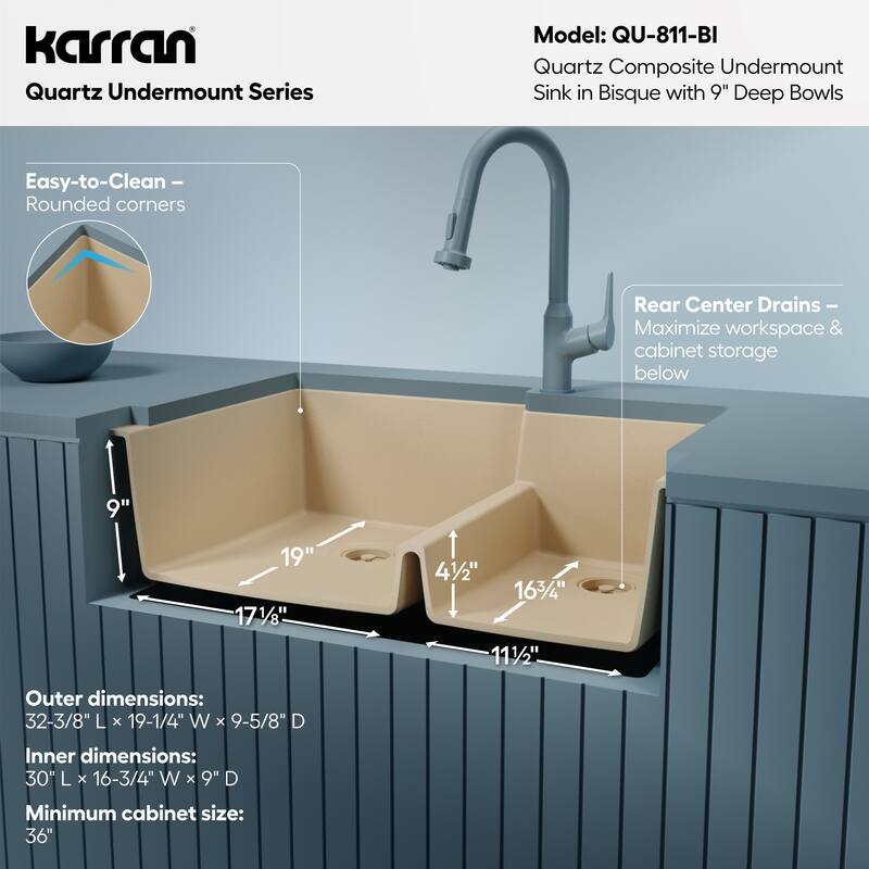 Karran Undermount Large/Small Bowl Quartz Kitchen Sink - 32" x 21.25" x 9" - 32" x 21.25" x 9"