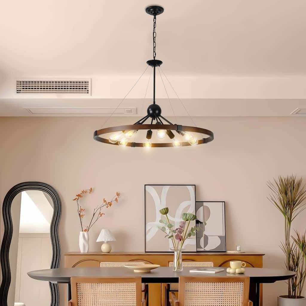 Farmhouse Brown 8-Light Wagon Wheel Chandelier for Dining Room