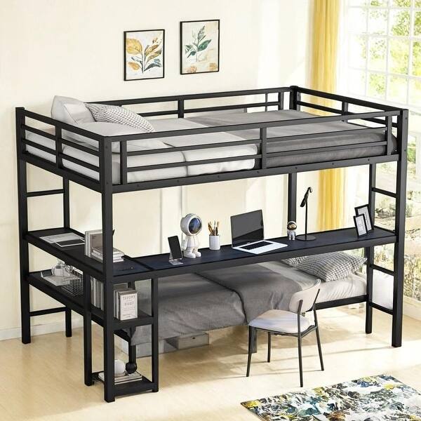 slide 2 of 14, Multi-functional Metal Bunk Bed with LED and USB, Full XL over Twin Black