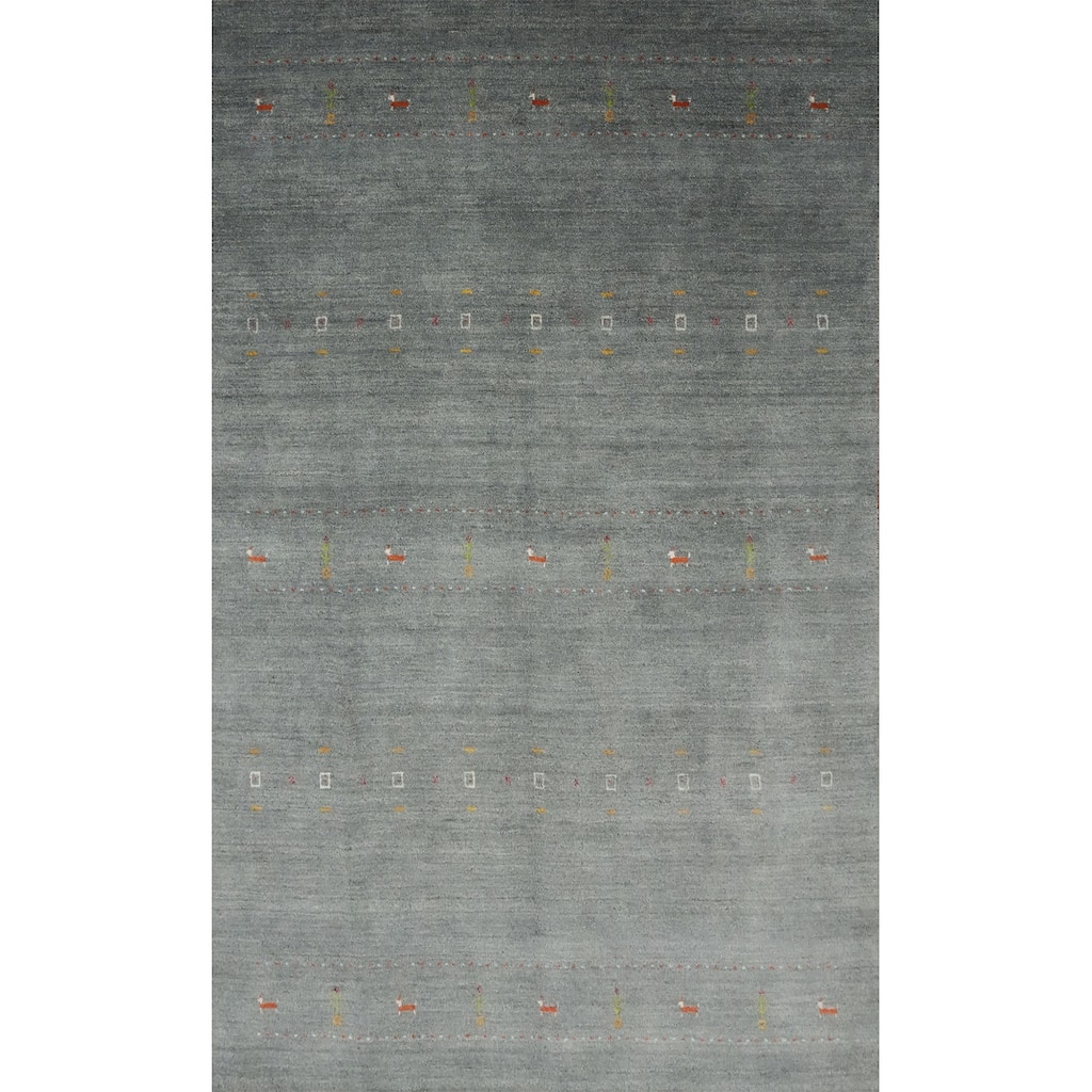 Hand Knotted Oriental 100% Wool Carpet Tribal Animal Pictorial Greys & Charcoal Gabbeh Area Rug - 8' 8'' X 5' 10''