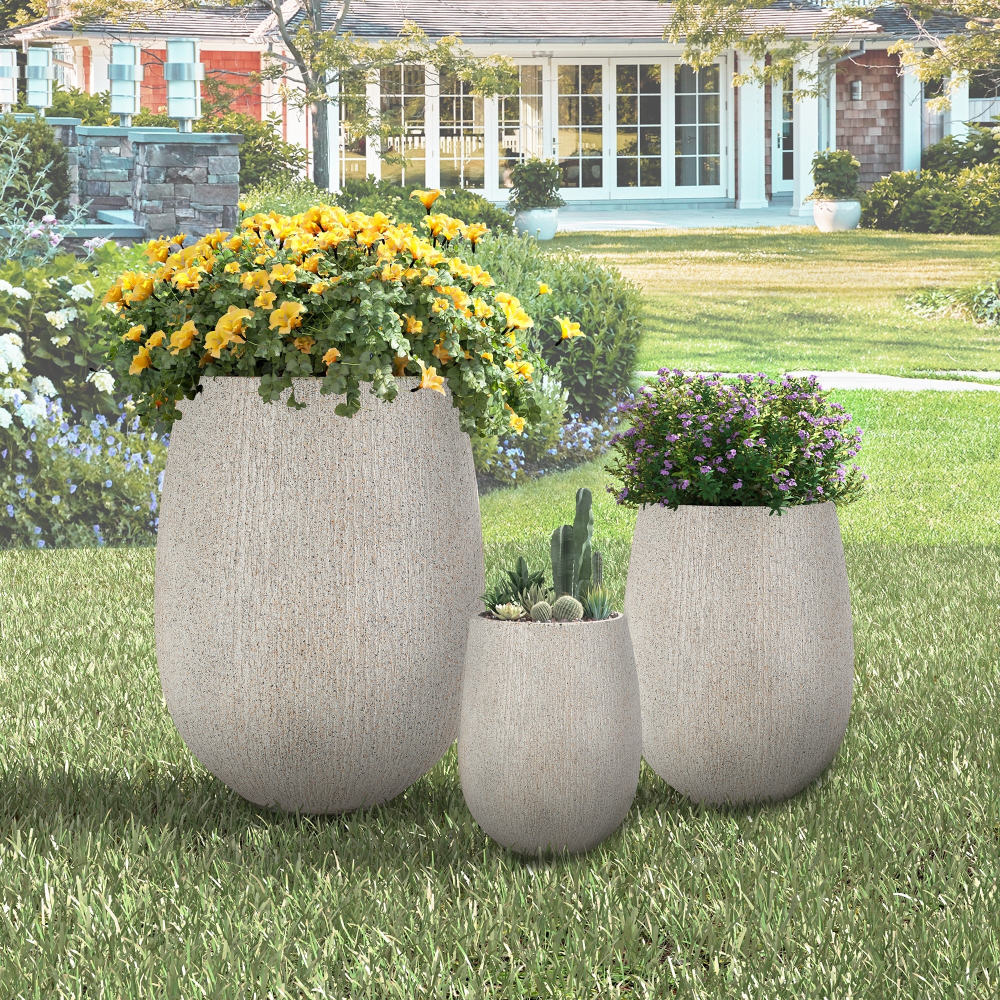 Egg-Shaped Lightweight MGO Outdoor Planter Set of 3,Modern Stone-Look Textured Flower Pots with Drainage Holes and Rubber Plug