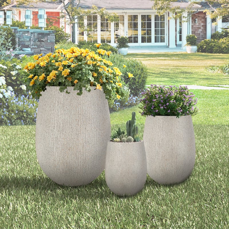 Egg-Shaped Lightweight MGO Outdoor Planter Set of 3,Modern Stone-Look Textured Flower Pots with Drainage Holes and Rubber Plug - Gray