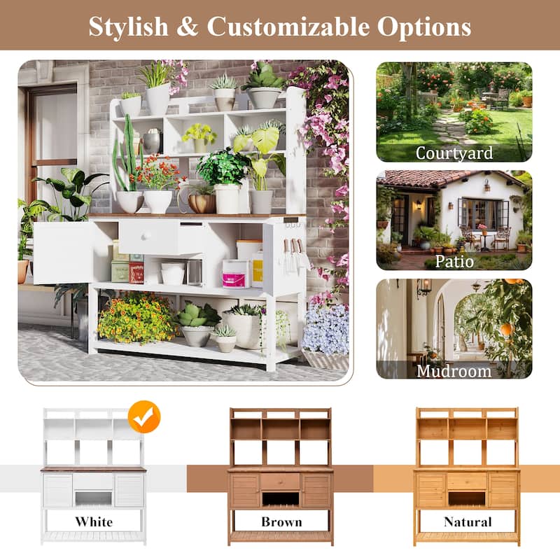 Roomfitters Outdoor Potting Bench Table, Solid Fir Wood with Hutch, storage units & Adjustable Shelves for Planting