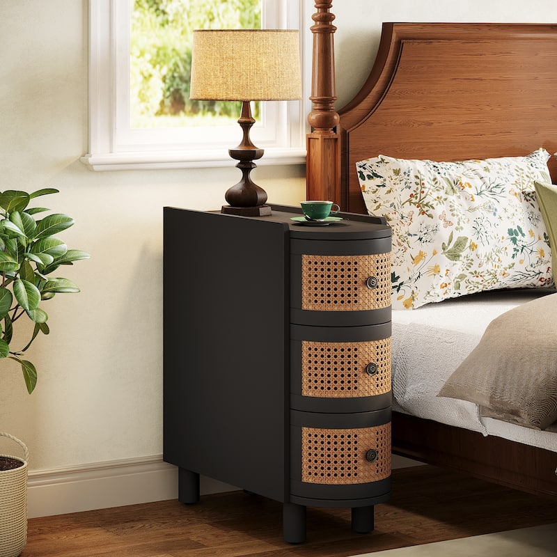 Solid Wood End Side Table 3-Drawer Rattan Bedside Table Nightstand