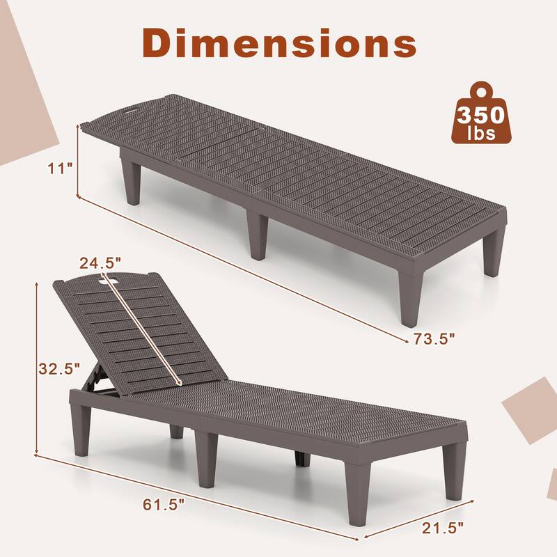 Set of 2 Outdoor Chaise Loungers with Rattan Surface and Adjustable Recline for Patio or Yard - 61.5" x 21.5" x 32.5"