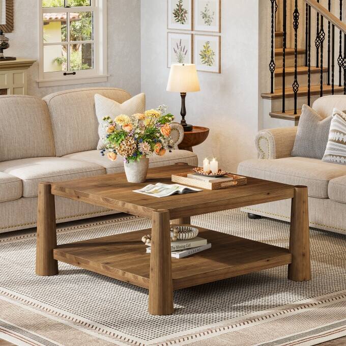 34" Rustic Solid Wood Coffee Table, Square Living Room Center Table