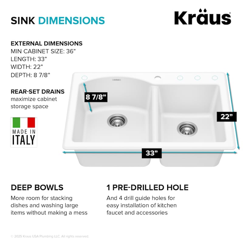 KRAUS Forteza Granite 33 inch 60/40 Undermount Drop-in Kitchen Sink