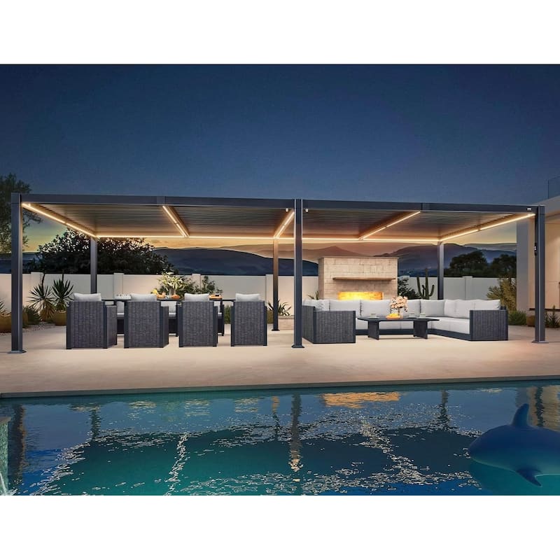 PURPLE LEAF Solar Louvered Pergola with LED String Lights Aluminum Outdoor Pergola with Adjustable Roof for Patio Garden