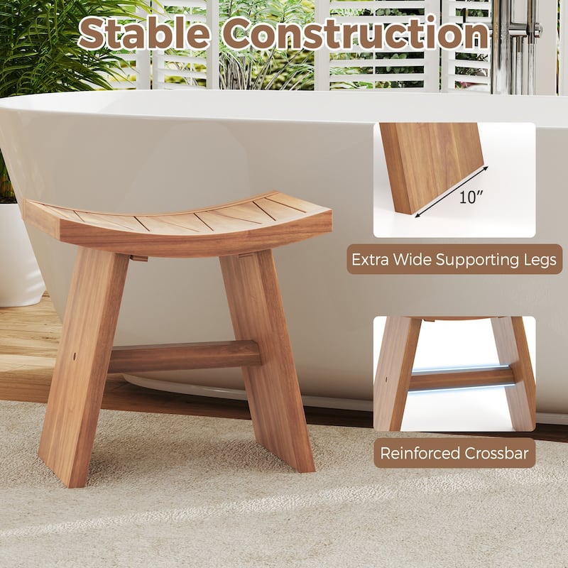 Gymax 18 Inch Teak Wood Shower Bench Wooden Shower Stool w/ Curved