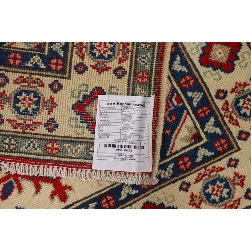Geometric Kazak Foyer Rug Hand-Knotted Traditional Wool Carpet - 2'11"x 4'0"